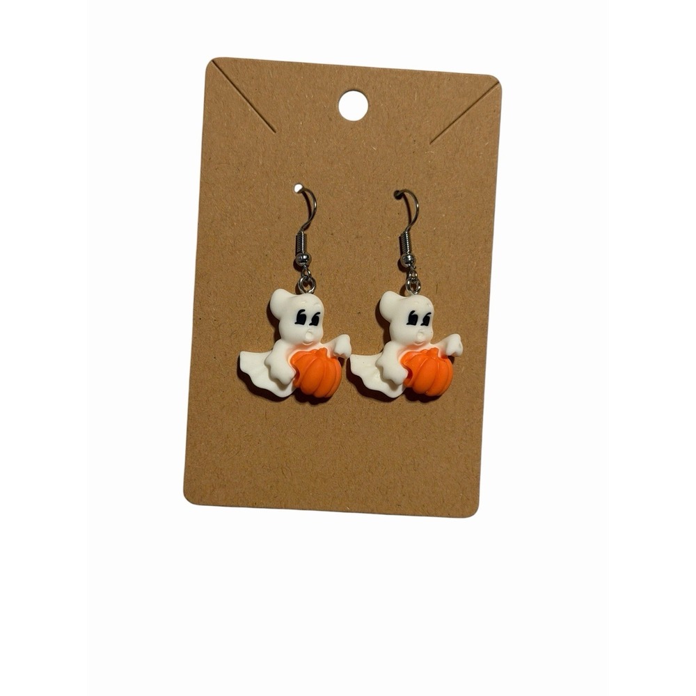 NEW Novelty Fashion EARRINGS white ghost with orange pumpkin
